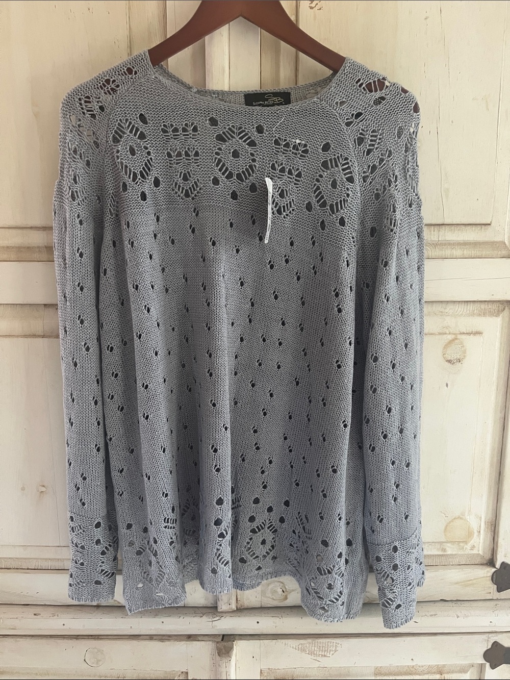 Suzanne Betro Light Gray Eyelet Knit Pullover Oversized Sweater 1X NWT